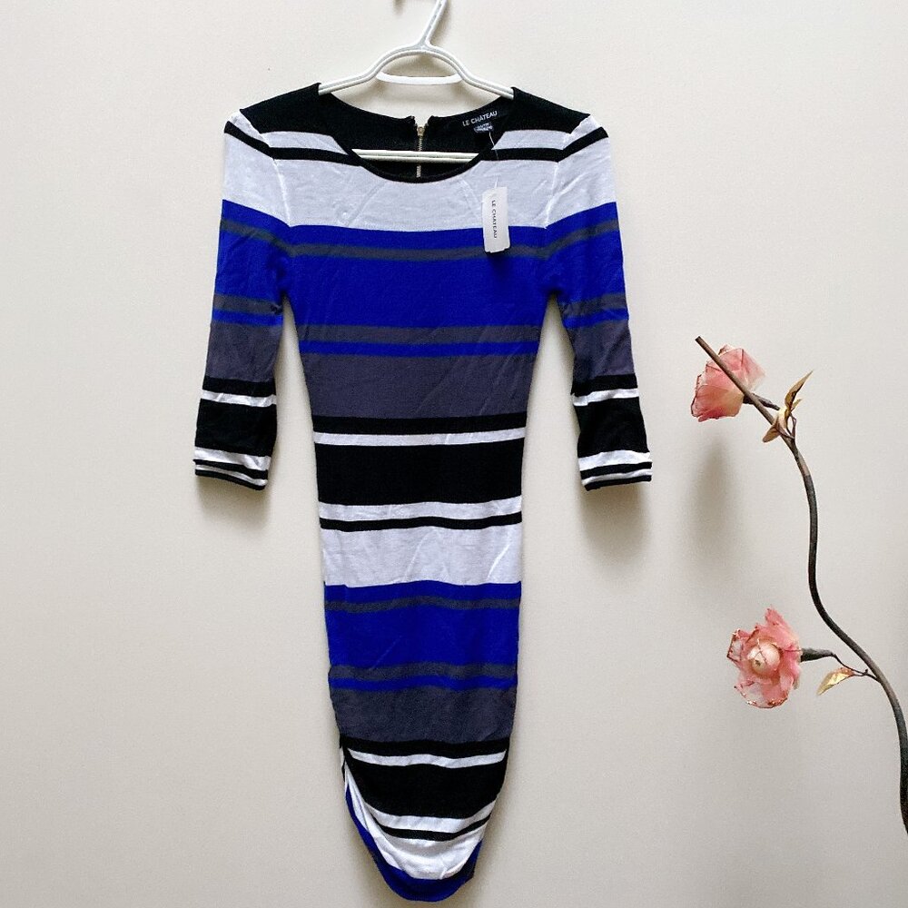 NWT Le Chateau Blue Black Striped 3/4 Sleeve Rib Knit Midi Bodycon Dress